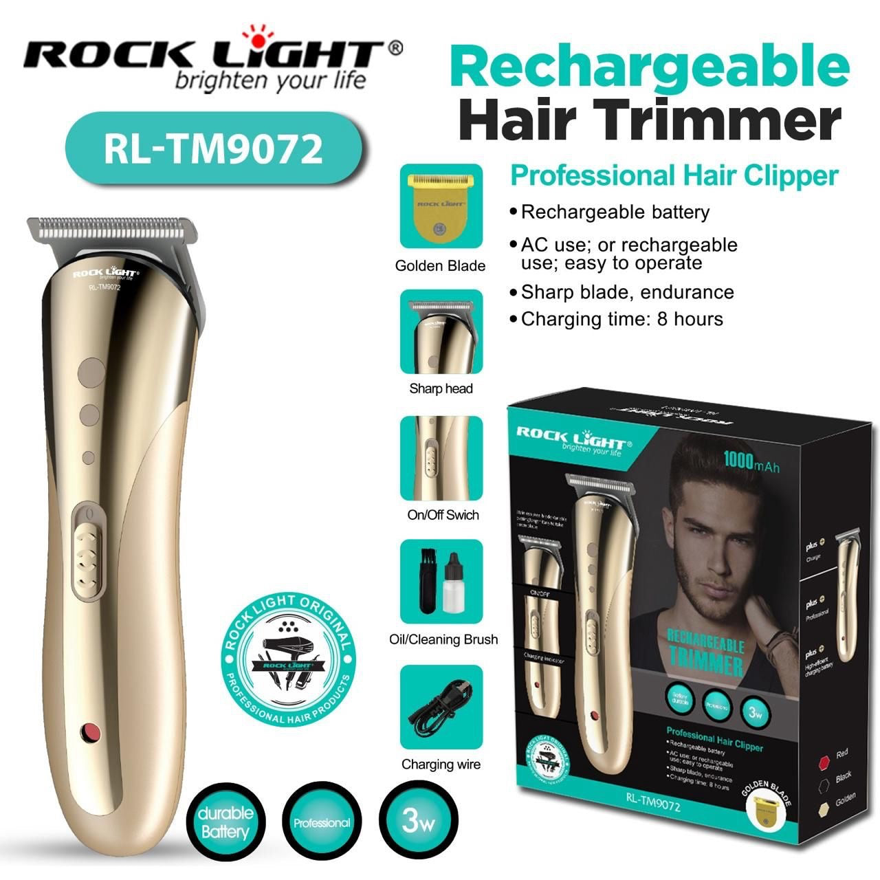 Rock Light RL-TM9072 Hair Trimmer - Golden Blade, 1000mAh